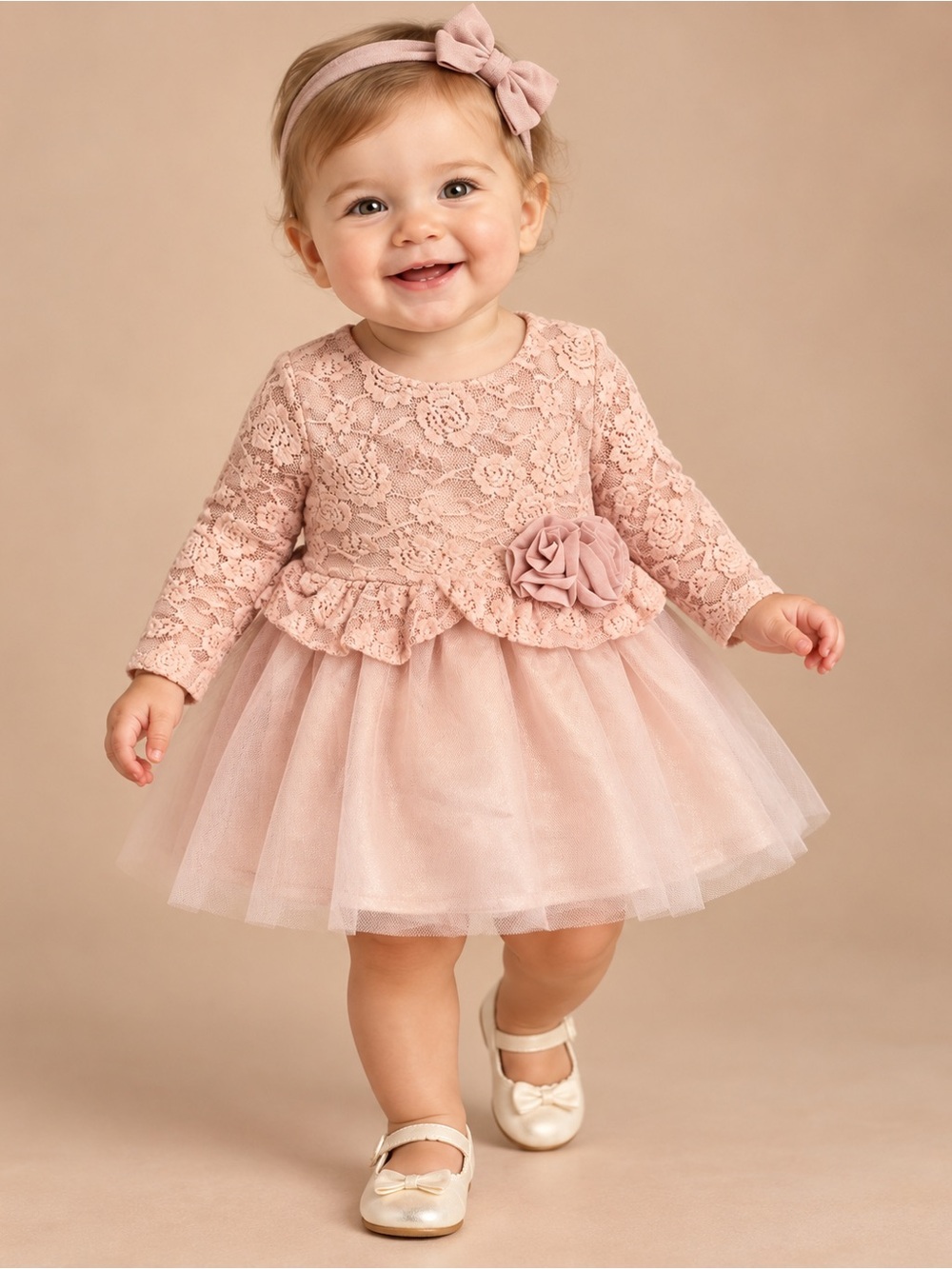 Baby Girls Pink Lace Tulle Dress with Flower Accent